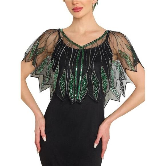 Women's Shawl Wraps, Sequin Beaded Flapper Green x Black - Picture 1 of 6